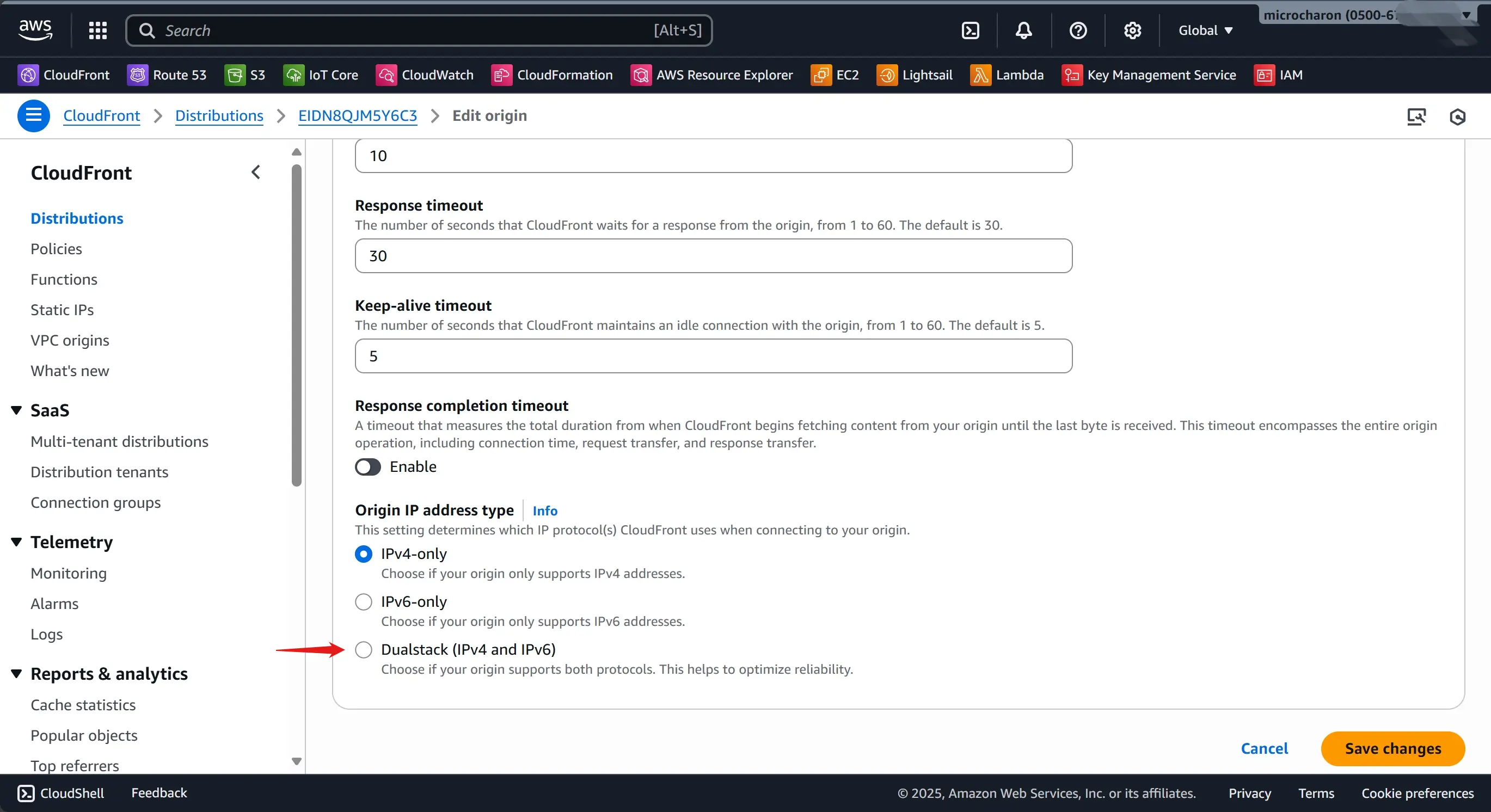 AWS CloudFront change distribution origin IP address type