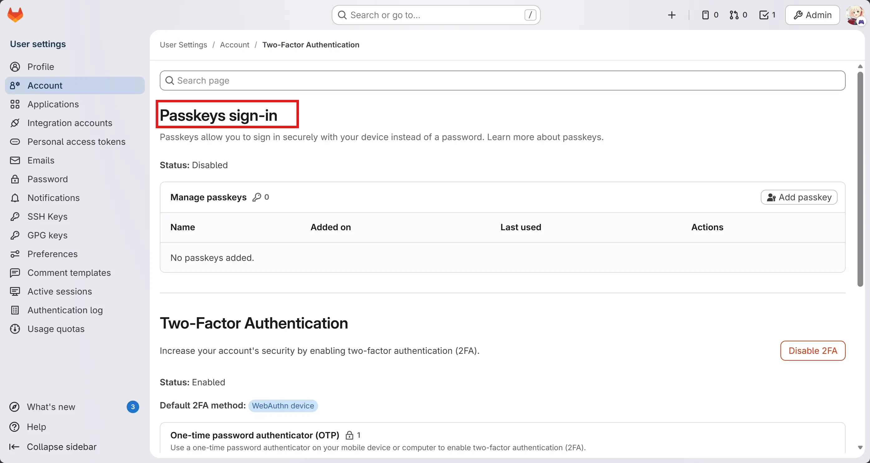 开启Passkey功能后